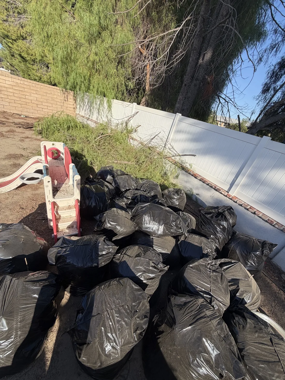 Bagged yard debris beside a backyard play structure