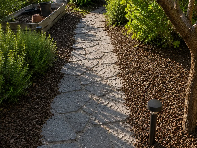 Cleaned stone garden path with fresh mulch after brush clearing