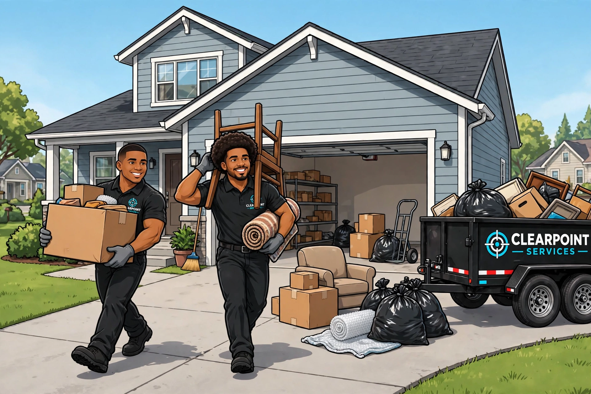 Cartoon illustration of the ClearPoint crew carrying boxes and furniture out of a house during a cleanout