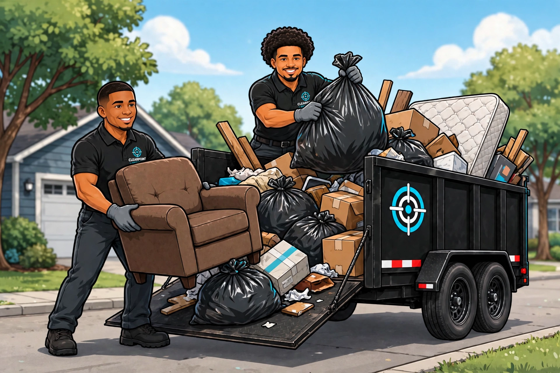 Cartoon illustration of the ClearPoint crew loading furniture and junk bags into a dump trailer