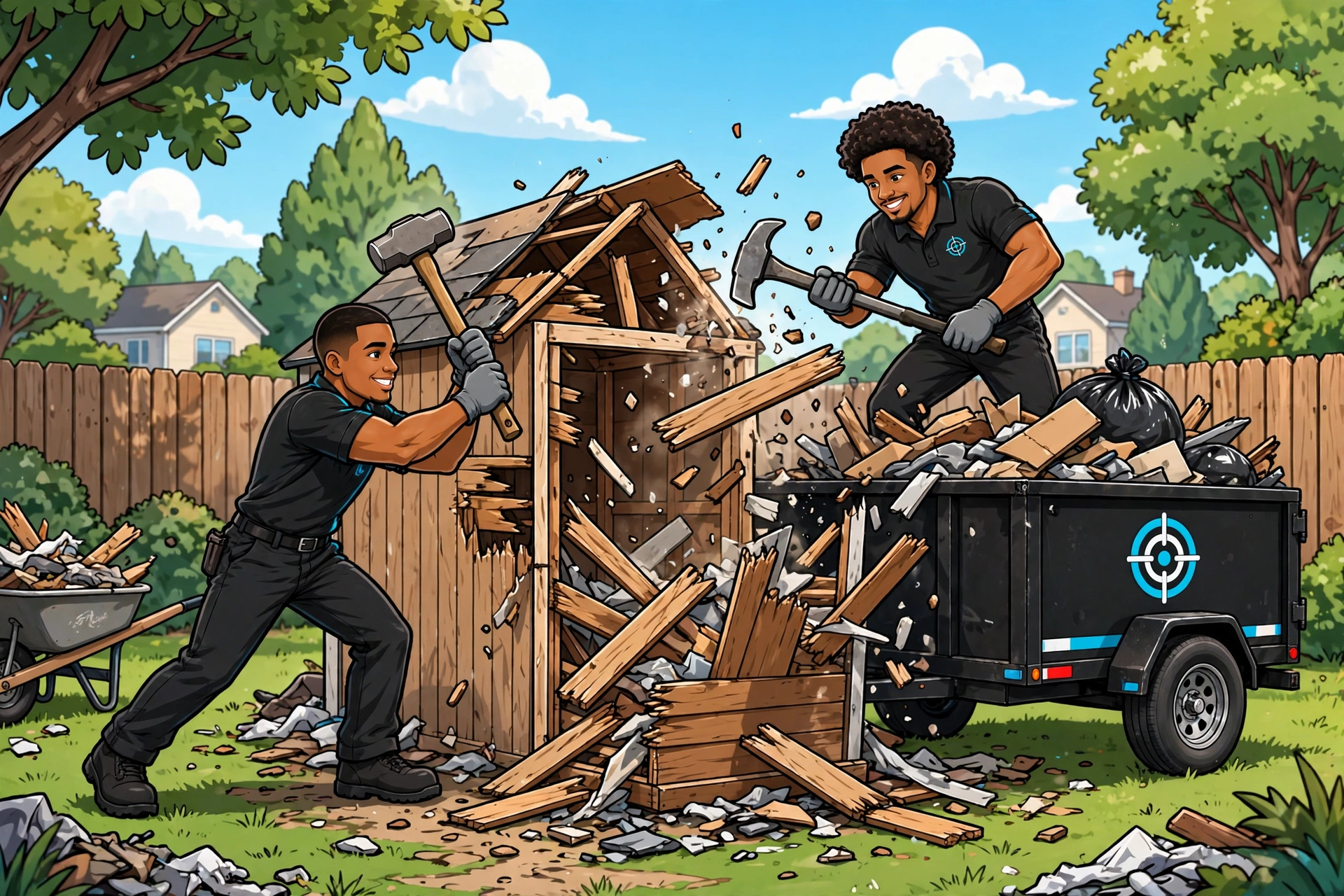 Cartoon illustration of the ClearPoint crew demolishing a backyard shed and loading debris into a trailer